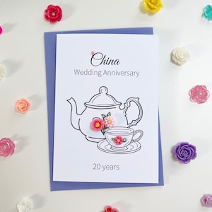 Cartão de aniversário de casamento da China A6, cartão de felicitações de 20 anos, comemoração de aniversário artesanal, cartão personalizado de conjunto de chá da China
