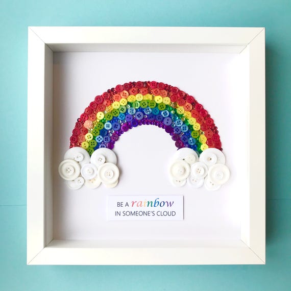 Gorgeous Framed Rainbow Button Art, Rainbow Wall Art, Colourful Nursery Wall Décor, Cloud Nursery Wall Art, Inspirational Quote Rainbow