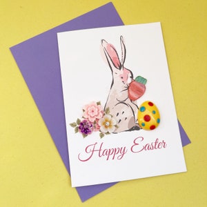 Carte heureuse de lapin de Pâques A6, carte 3D pour Pâques, lapin fait main de carte avec l’oeuf de pâques de carotte et les fleurs de résine
