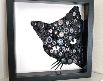 Black Cat Button Art, Framed Cat Picture, Peeping Cat Wall Art, Cat Lover Gift Idea, Pet Memorial Frame, Sparkly Cat Wall Decor