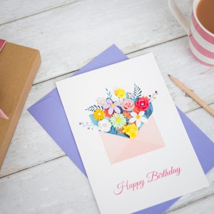 Handmade Floral Birthday Card A6 or A5, Envelope of Flowers Birthday Card, Happy Birthday Flowers, Card for her