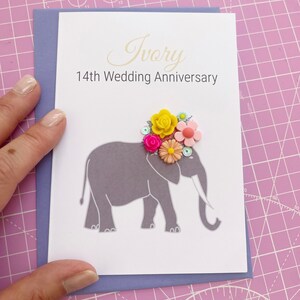 Fatto a mano avorio elefante floreale anniversario di matrimonio carta A6, biglietto di auguri per il 14° anniversario, celebrazione dell'anniversario, 14 anni sposati