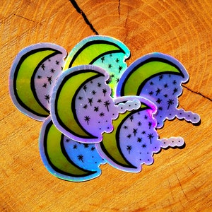 Mini Crescent Moon and Stars Holographic Sticker, Holographic Vinyl Sticker, Moon and Stars Decal, Crescent Moon Decal, Moon and Stars