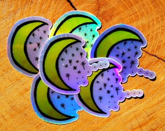 Mini Crescent Moon and Stars Holographic Sticker, Holographic Vinyl Sticker, Moon and Stars Decal, Crescent Moon Decal, Moon and Stars