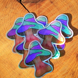 Holografischer blaugrüner und lila genoppter Pilz-Aufkleber, Vinyl-Aufkleber, wasserfester Aufkleber, Original-Gemälde-Aufkleber, Aquarell-Kunst