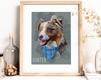 May include: A framed digital painting of a brown and white Australian Shepherd dog wearing a blue bandana. The dog is looking to the left and has a happy expression. The background is a gray-green color with a black and white floral design. The dog's name, "Hunter", is written in white text at the bottom of the image.