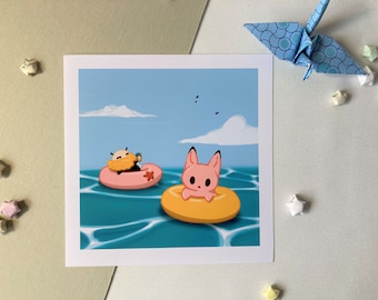 Square Print of a Fox and a Bee Floating in Inflatable rings