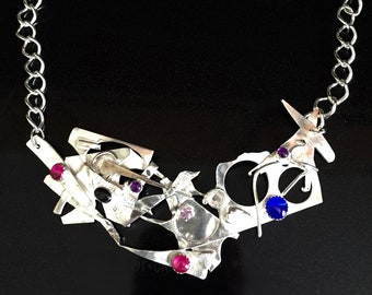 JEWELRY: FUSION --  Contemporary Sterling Silver Fused Necklace with Mixed Gemstones, Jewelry