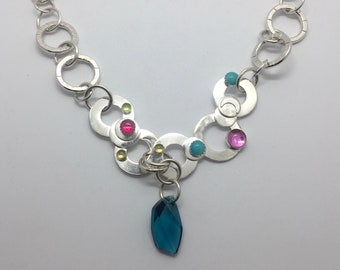 JEWELRY: Handmade Sterling SILVER 16" Chain NECKLACE With Teal Swarovski Crystal Element Accent -- Contemporary Metal Jewelry