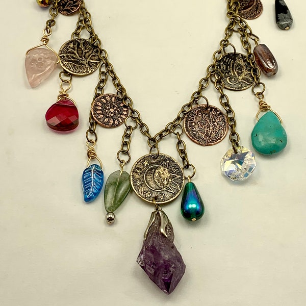 JEWELRY: Brass, Copper, Etched, Dangle Beaded AMETHYST Crystal Necklace with Brass Chain -Contemporary Mixed Metal Jewelry, Necklace 18"