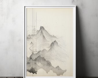 Puede incluir: Una impresión artística enmarcada que presenta un paisaje montañoso minimalista en tonos grises y negros. La obra de arte tiene una apariencia texturizada, con líneas finas y puntos que crean las formas de las montañas. El marco blanco contrasta.