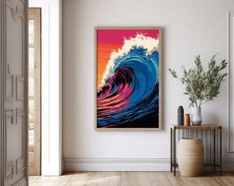 Pode incluir: Uma impressão artística emoldurada com uma representação estilizada de uma onda do oceano. A obra de arte usa cores vibrantes, incluindo azuis, rosas e laranjas, para criar uma imagem dinâmica. A moldura é de cor de madeira clara.