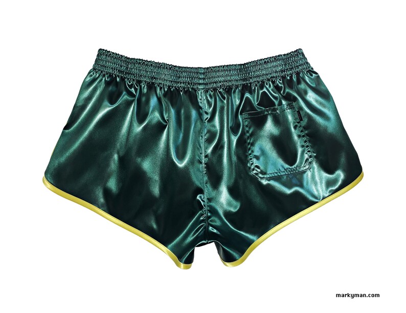 Short Sprinter XL wetlook brillant satin short poche satin satin short de sport vert foncé jaune image 3