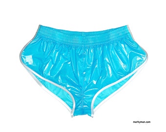 very short Shorts 2.0 L wet look aqua blue pu Nylon rubber racer running split shorts wetlook