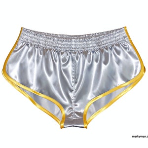 racer shorts S 2.0 extra short wetlook satin shorts shiny silver runner glossy pants