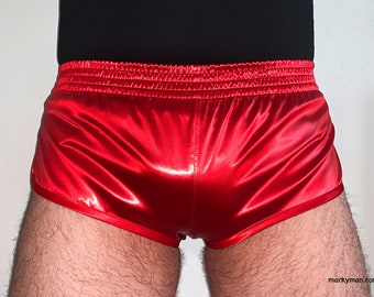 racer shorts M 2.0 extra short wetlook satin shorts shiny fire red runner pants glossy underwear