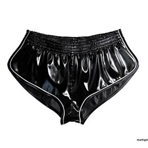 racer shorts L short 2.0 wetlook satin shiny black shorts with white piping dazzle shorts