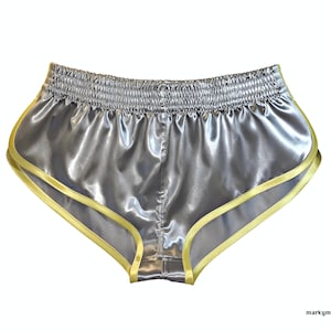 racer shorts S 2.0 extra short wetlook satin shorts shiny silver runner glossy pants