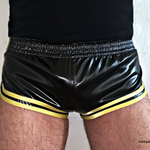 racer shorts M short style 2.0 satin wetlook satin shiny black with yellow stripes