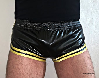 racer shorts M short style 2.0 satin wetlook satin shiny black with yellow stripes