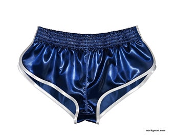 Shorts S kort 2.0 Satijn Sprinter wetlook blauw - wit korte glanzende short racer hoog uitgesneden sportshort