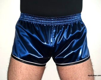 shiny runner shorts M wetlook slippery Satin bright dark blue Sateen