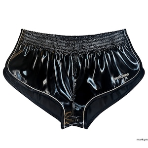 racer shorts M short 2.0 wetlook satin shiny black silver dazzle shorts with markyman logo