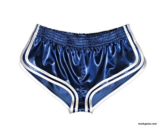 racer shorts L short 2.0 satin wetlook satin shiny dark blue white stripes