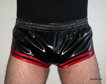 racer shorts M short style 2.0 satin wetlook satin shiny black red stripes