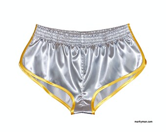 Shorts S extra kurz 2.0 Satin Sprinter wetlook silber Glanzsatin Glanzshorts glänzende Hose Sprintershorts