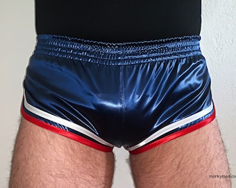 racer shorts M short 2.0 satin wetlook satin shiny dark blue shorts red and white sateen stripes