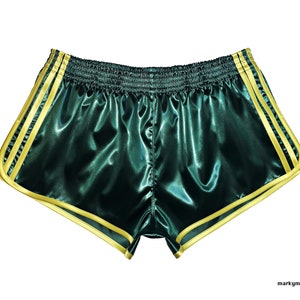 Short Sprinter XL wetlook brillant satin short poche satin satin short de sport vert foncé jaune image 1