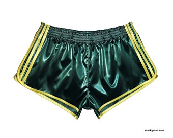 shiny runner shorts XL with pocket, wetlook slippery Satin bright glossy dark green and yellow
