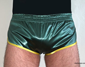 racer shorts M 2.0 extra short wetlook satin shorts shiny dark green runner glossy pants