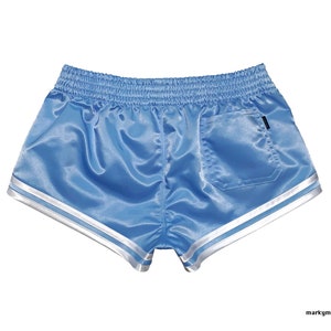 shiny runner shorts XS soft slippery vintage nylon satin light blue and white image 3