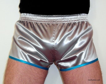 shiny silver runner shorts L wetlook slippery Satin
