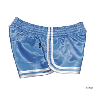 shiny runner shorts XS soft slippery vintage nylon satin light blue and white image 2