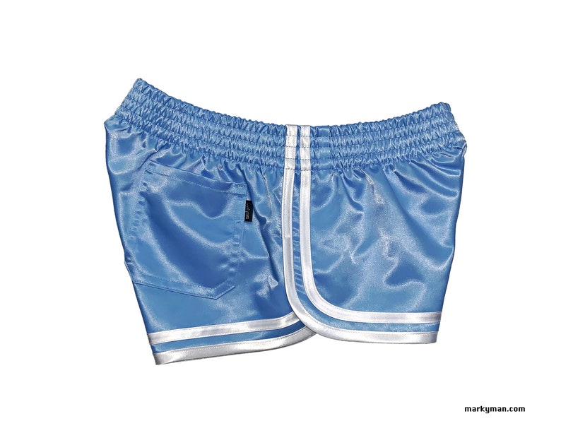 shiny runner shorts XS soft slippery vintage nylon satin light blue and white image 2