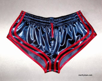 Short L short 2.0 Satin Sprinter wetlook bleu - rayures rouge Short brillant avec cordon