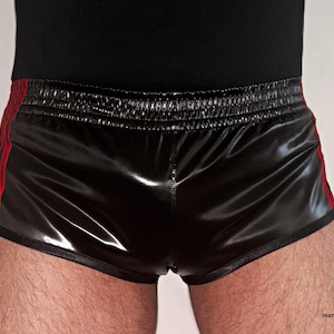 racer shorts M extra short 2.0, wetlook satin shorts shiny black - red pants underwear