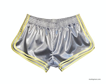 Sportshorts L wetlook Glanzsatin Shorts Tasche silber glänzend Satin Glanzshorts