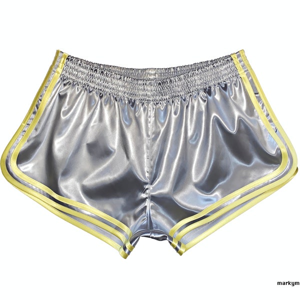 Sportshorts L wetlook Glanzsatin Shorts Tasche silber glänzend Satin Glanzshorts