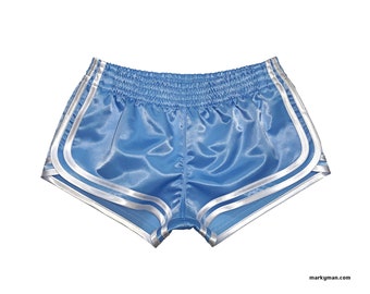 shiny runner shorts XS soft slippery vintage nylon satin light blue and white