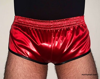 Shorts M kurz 2.0 Satin Sprinter wetlook Glanzsatin rote Glanzshorts glänzende Sporthose Sprintershorts feuerrot