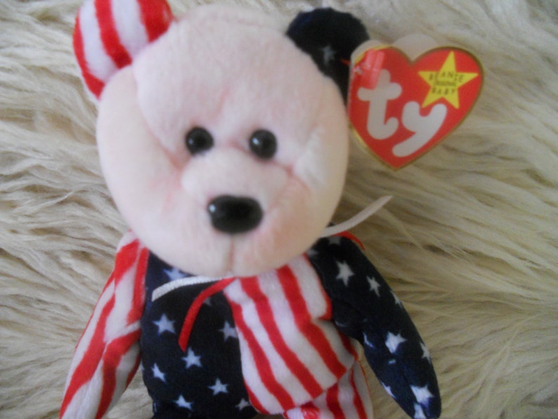 Ty Beanie Baby Spangle Pink Face Bear June 14 1999 Retired with Tag Error.4th July Patriotic Gift. image 5