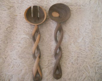 Vintage Hand Carved Wood Spoon and Fork.Kitchen Utensils.Wooden Art.Home Decor. Gift for her.