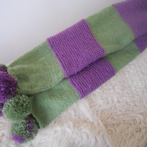 Hand Knitted Large Stylish Winter Scarf.Purple and Green Women's Teen Girls Cozy Accessory with Pompoms. Gift for Her. image 7