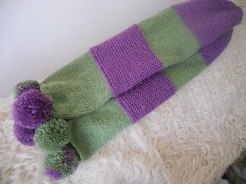 Hand Knitted Large Stylish Winter Scarf.Purple and Green Women's Teen Girls Cozy Accessory with Pompoms. Gift for Her. image 7