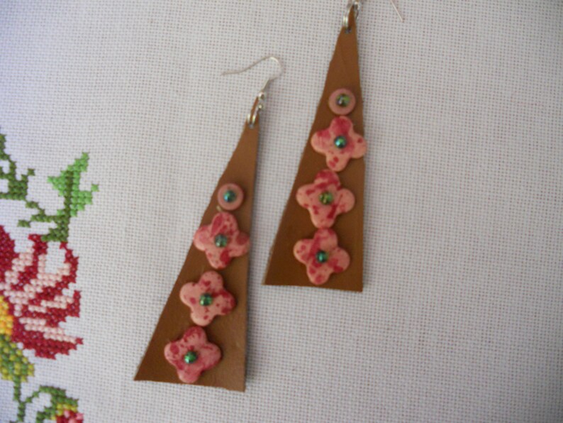 Genuine Leather Earrings. Beaded Earrings. Rose Ceramic image 0