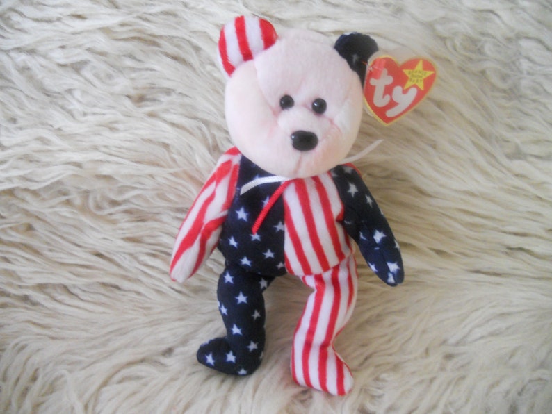 Ty Beanie Baby Spangle Pink Face Bear June 14 1999 Retired with Tag Error.4th July Patriotic Gift. image 4